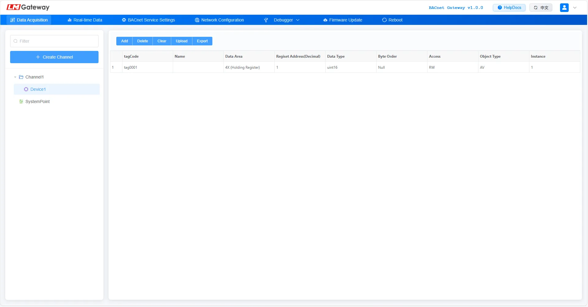 BACnet gateway data acquisition configuration interface